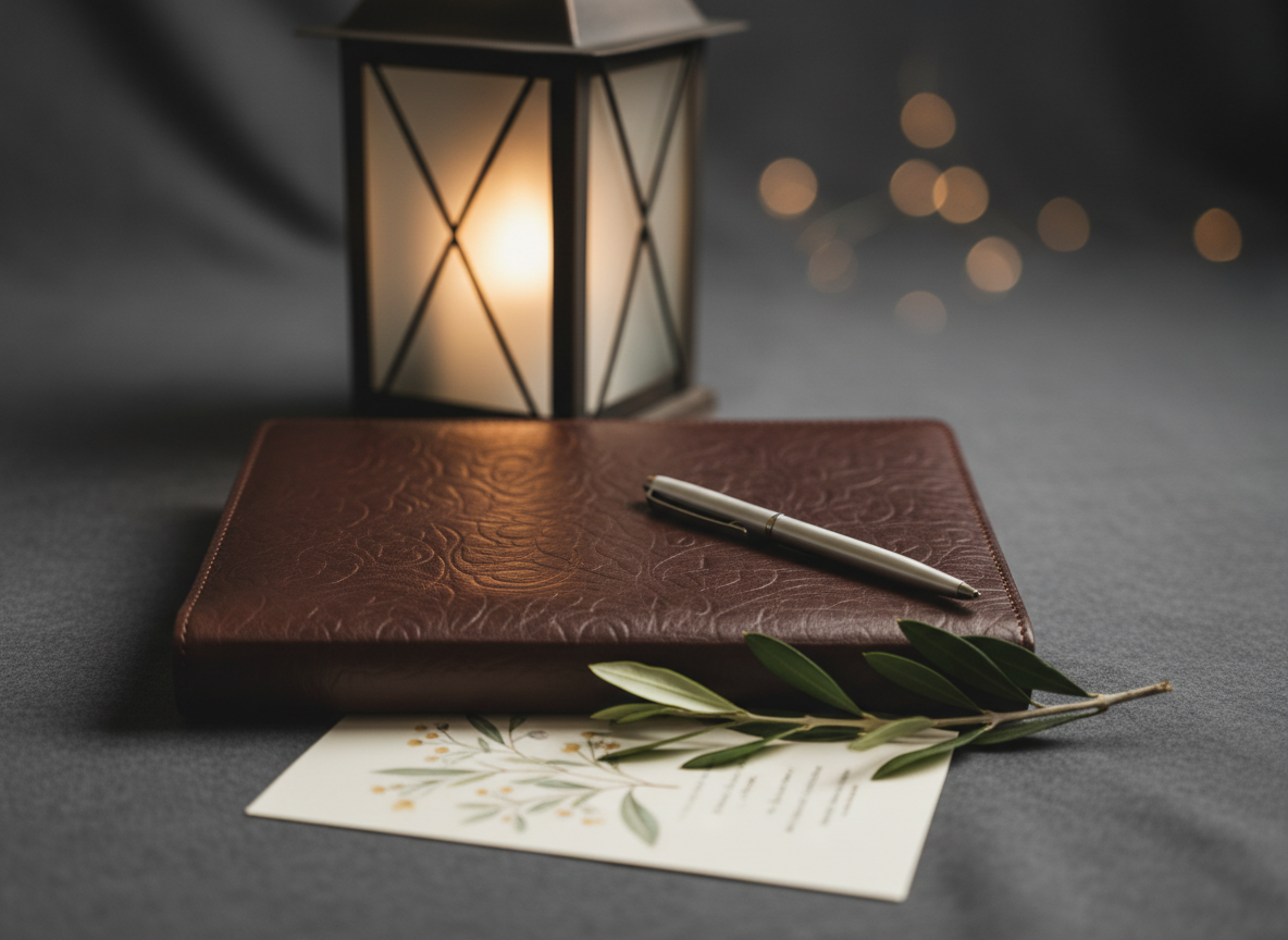 An arrangement of carefully chosen symbolic items on a dark charcoal fabric backdrop: a closed, embossed leather ceremony folder, a slim silver pen, a folded cream program card with a tasteful floral motif, and a sprig of fresh olive branch resting gently across them. Behind, a softly glowing lantern with frosted glass panels casts a warm, subtle light, its reflections creating a delicate bokeh in the distance. The scene is illuminated by a combination of the lantern’s warm glow and faint ambient light from the side, producing gentle highlights on the metallic pen and leather texture. Photographic realism, close-up composition with shallow depth of field and tight framing, creating an intimate, reverent, and professional mood suitable for highlighting the care and detail of bespoke funeral ceremonies.